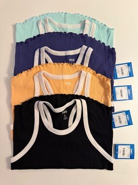 DSG Ribbed Trim Tank Tops - Black, Peach, Indigo, Waterscape (4-Pack)